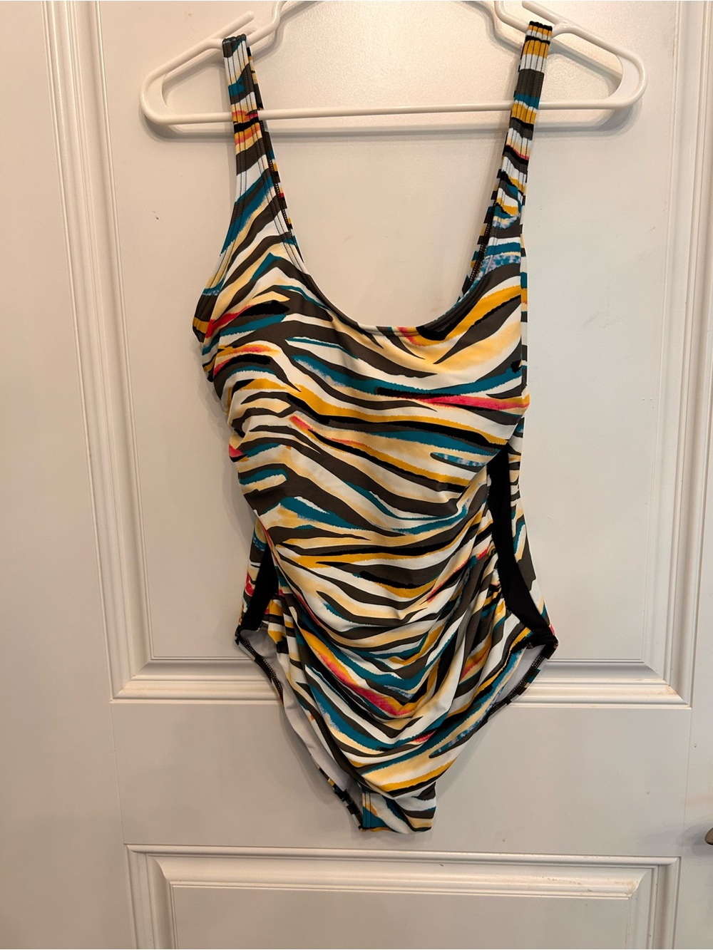DKNY One-Piece Swimsuit in Zebra Print, Teal, Yellow & Black